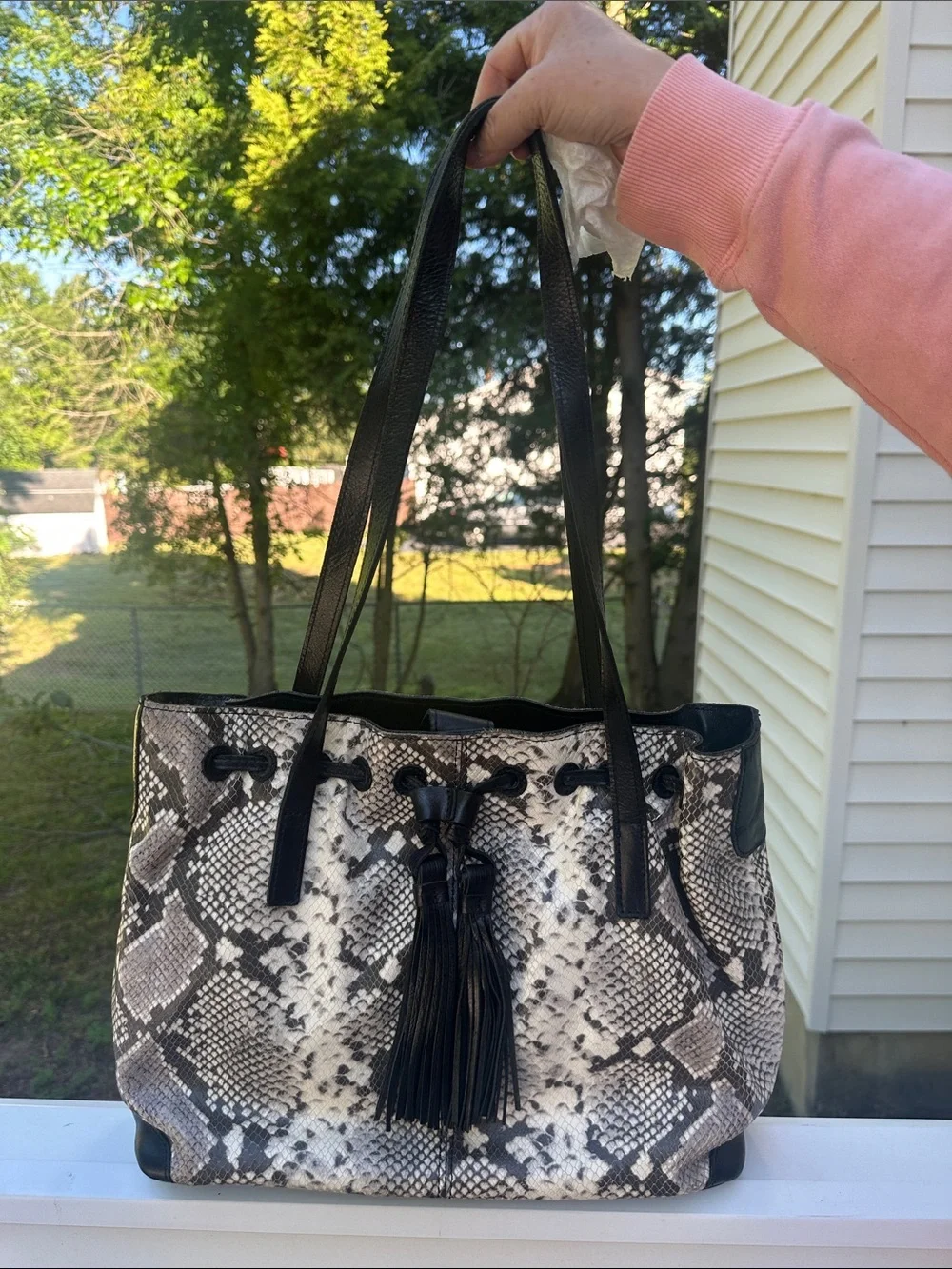 Patricia Nash Witney Shoulder Tote Bag Python Snakeskin Drawstring & Tassel